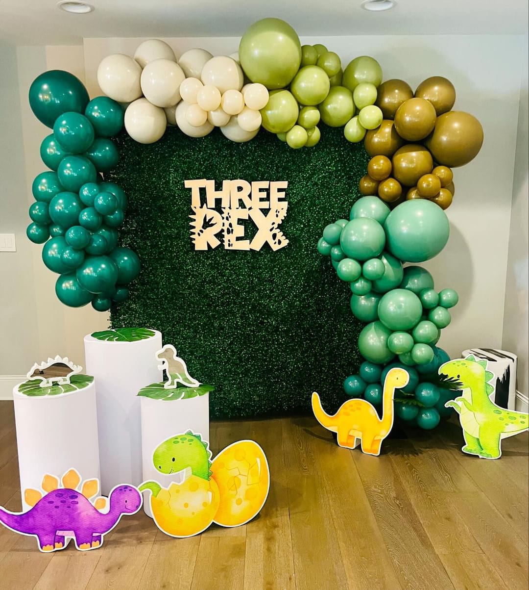 Three Rex Theme Third Birthday Party Balloon Decor and Backdrop | Confetti Jar